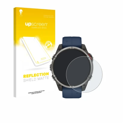 Face avant d’un emballage produit avec le logo de la marque upscreen. À côté, l’appareil Garmin quatix 8 (47 mm) est représent