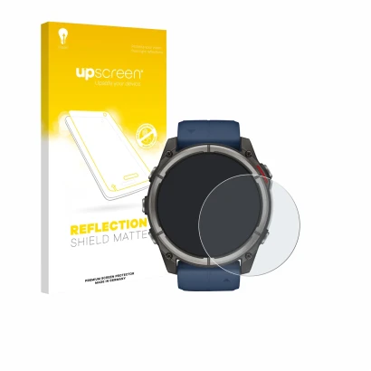 Face avant d’un emballage produit avec le logo de la marque upscreen. À côté, l’appareil Garmin quatix 8 (51 mm) est représent