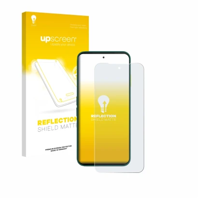Face avant d’un emballage produit avec le logo de la marque upscreen. À côté, l’appareil Fairphone 6 est représenté avec la pr