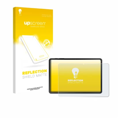 Face avant d’un emballage produit avec le logo de la marque upscreen. À côté, l’appareil Doogee Tab A9 est représenté avec la