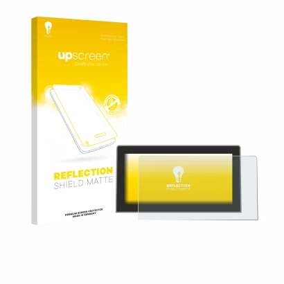 Face avant d’un emballage produit avec le logo de la marque upscreen. À côté, l’appareil Volkswagen Golf MK8.5 12.9" est repré