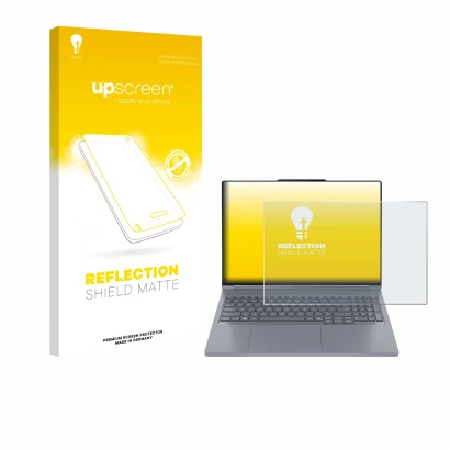 Face avant d’un emballage produit avec le logo de la marque upscreen. À côté, l’appareil Lenovo ThinkBook 16p Gen 6 est représ