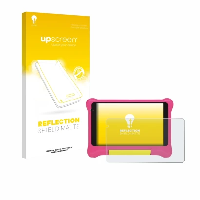 Face avant d’un emballage produit avec le logo de la marque upscreen. À côté, l’appareil Happybe Kids Tablet 7" est représenté