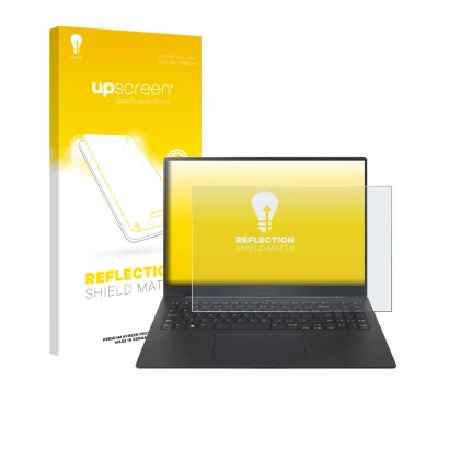 Face avant d’un emballage produit avec le logo de la marque upscreen. À côté, l’appareil LG gram Pro 16 2025 est représenté av