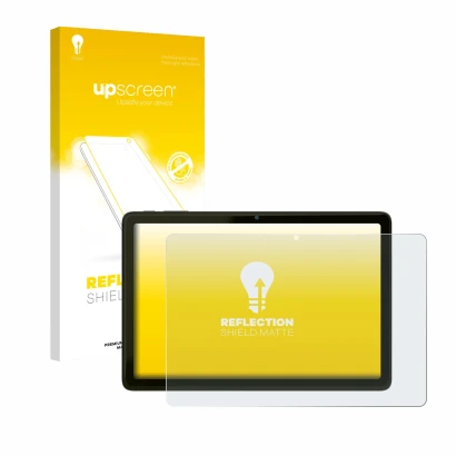 Face avant d’un emballage produit avec le logo de la marque upscreen. À côté, l’appareil VALE Tablet V10A est représenté avec 