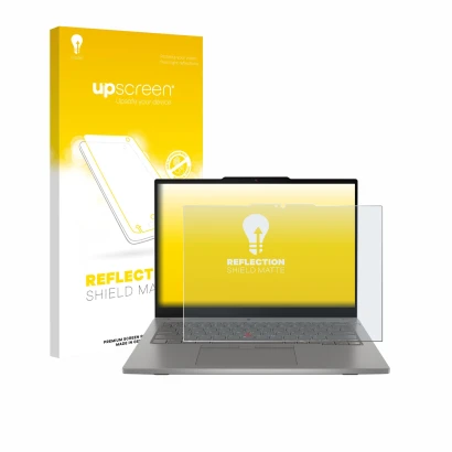 Face avant d’un emballage produit avec le logo de la marque upscreen. À côté, l’appareil Lenovo ThinkPad L13 2-in-1 Gen 6 est
