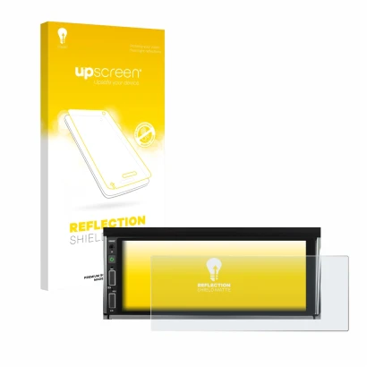 Face avant d’un emballage produit avec le logo de la marque upscreen. À côté, l’appareil Hikity Carplay 6.86" est représenté a