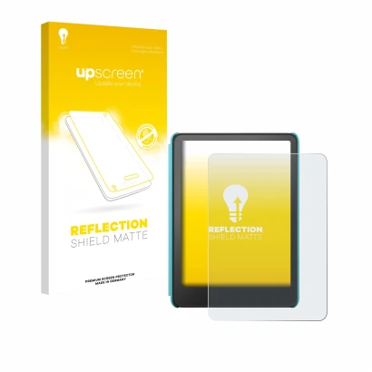 Face avant d’un emballage produit avec le logo de la marque upscreen. À côté, l’appareil Amazon Kindle Colorsoft Kids est repr
