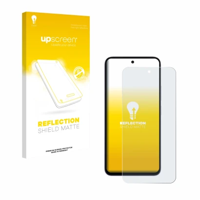 Face avant d’un emballage produit avec le logo de la marque upscreen. À côté, l’appareil Xiaomi Redmi 15 est représenté avec l
