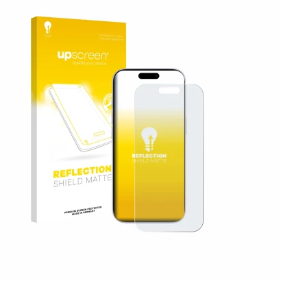 Face avant d’un emballage produit avec le logo de la marque upscreen. À côté, l’appareil Apple iPhone 17 est représenté avec l