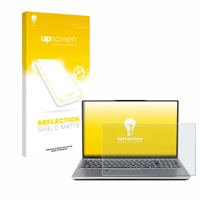 Face avant d’un emballage produit avec le logo de la marque upscreen. À côté, l’appareil terra Mobile 1551R i7 1355U W11P est 