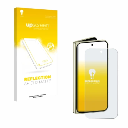 Face avant d’un emballage produit avec le logo de la marque upscreen. À côté, l’appareil Google Pixel 10 Pro Fold est représen