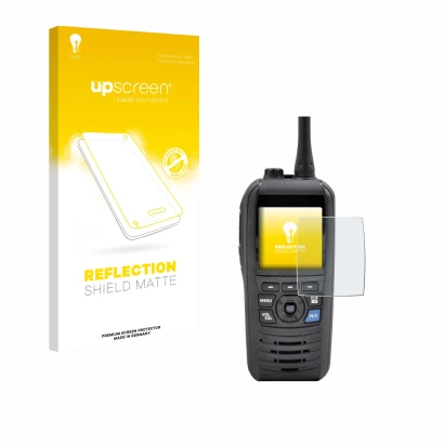 Face avant d’un emballage produit avec le logo de la marque upscreen. À côté, l’appareil Icom IC-M94D est représenté avec la p