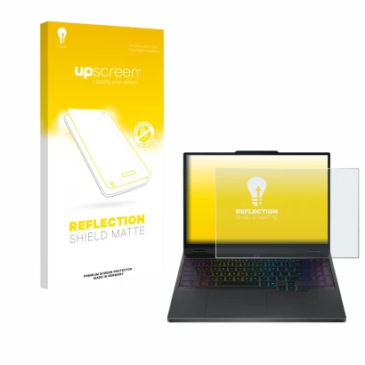 Face avant d’un emballage produit avec le logo de la marque upscreen. À côté, l’appareil Lenovo Legion 5i Gen 10 15" est repré