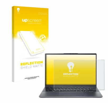 Face avant d’un emballage produit avec le logo de la marque upscreen. À côté, l’appareil Acer Swift Go 14 OLED est représenté