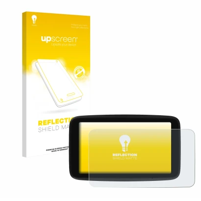 Face avant d’un emballage produit avec le logo de la marque upscreen. À côté, l’appareil TomTom GO Classic 5" (2ème génération