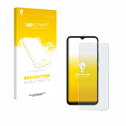 Face avant d’un emballage produit avec le logo de la marque upscreen. À côté, l’appareil Telekom T Phone 3 est représenté avec