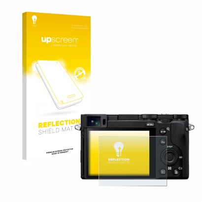 Face avant d’un emballage produit avec le logo de la marque upscreen. À côté, l’appareil Sony RX1R III est représenté avec la