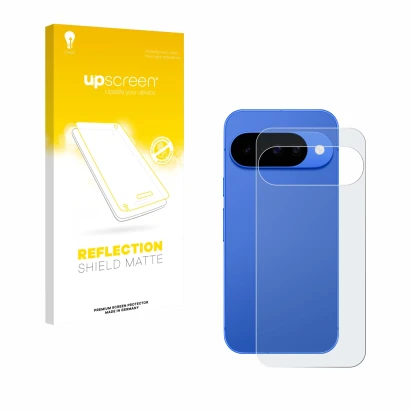 Face avant d’un emballage produit avec le logo de la marque upscreen. À côté, l’appareil Google Pixel 10 (Arrière) est représe