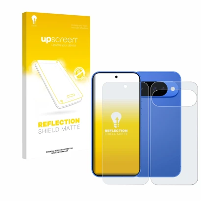 Face avant d’un emballage produit avec le logo de la marque upscreen. À côté, l’appareil Google Pixel 10 (Avant+Arrière) est r