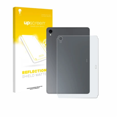 Face avant d’un emballage produit avec le logo de la marque upscreen. À côté, l’appareil Samsung Galaxy Tab S11 (Arrière) est 