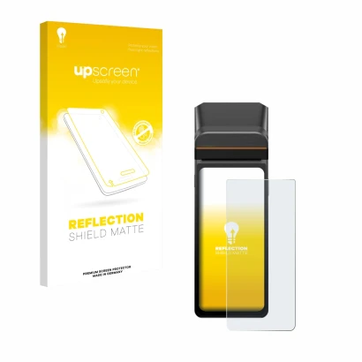 Face avant d’un emballage produit avec le logo de la marque upscreen. À côté, l’appareil Sunmi V3H est représenté avec la prot