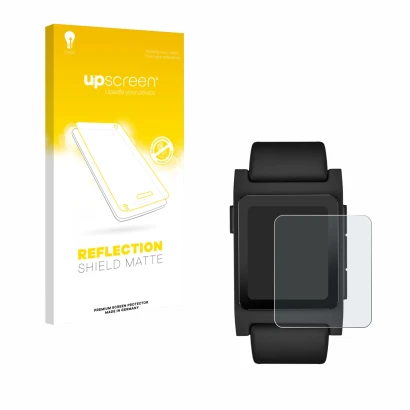Face avant d’un emballage produit avec le logo de la marque upscreen. À côté, l’appareil Pebble 2 Duo 2025 est représenté avec