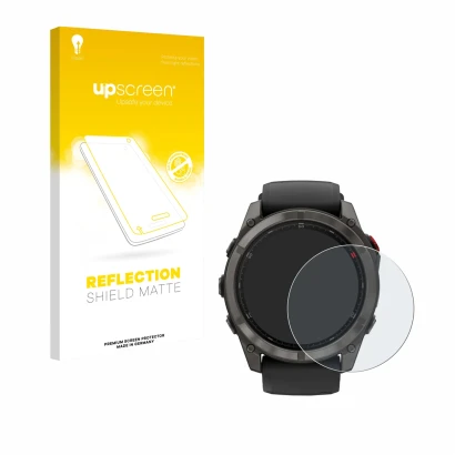 Face avant d’un emballage produit avec le logo de la marque upscreen. À côté, l’appareil Garmin Fenix 8 Pro AMOLED (51 mm) est
