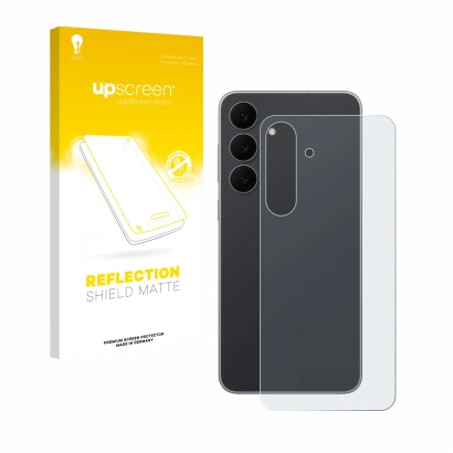 Face avant d’un emballage produit avec le logo de la marque upscreen. À côté, l’appareil Samsung Galaxy S25 FE (Arrière) est r