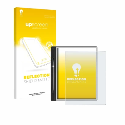Face avant d’un emballage produit avec le logo de la marque upscreen. À côté, l’appareil Montblanc Digital Paper est représent