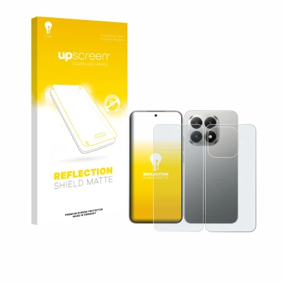 Face avant d’un emballage produit avec le logo de la marque upscreen. À côté, l’appareil Xiaomi 15T (Avant+Arrière) est représ