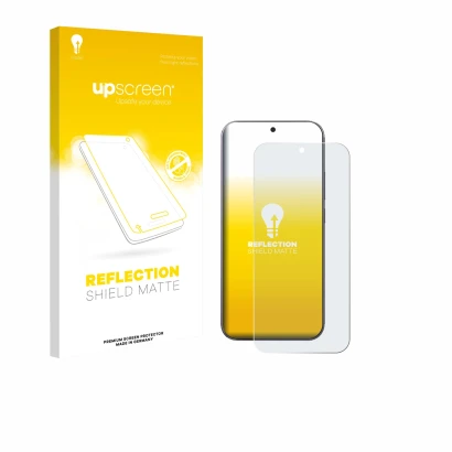 Face avant d’un emballage produit avec le logo de la marque upscreen. À côté, l’appareil Xiaomi 17 Pro Max est représenté avec