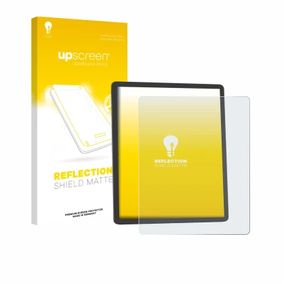 Face avant d’un emballage produit avec le logo de la marque upscreen. À côté, l’appareil Amazon Kindle Scribe 2025 est représe