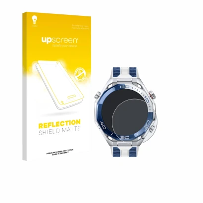 Face avant d’un emballage produit avec le logo de la marque upscreen. À côté, l’appareil Huawei Watch Ultimate 2 Blue est repr