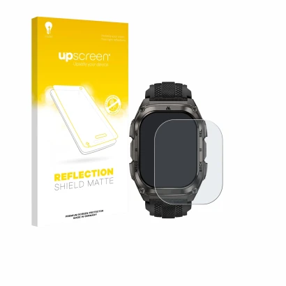 Face avant d’un emballage produit avec le logo de la marque upscreen. À côté, l’appareil Kospet Tank M4 est représenté avec la