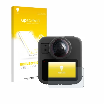 Face avant d’un emballage produit avec le logo de la marque upscreen. À côté, l’appareil GoPro Max 2 est représenté avec la pr