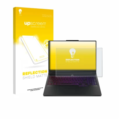 Face avant d’un emballage produit avec le logo de la marque upscreen. À côté, l’appareil Lenovo Legion Pro 7 Gen 10 16