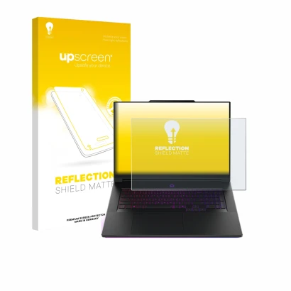 Face avant d’un emballage produit avec le logo de la marque upscreen. À côté, l’appareil Lenovo Legion 9i Gen 10 18