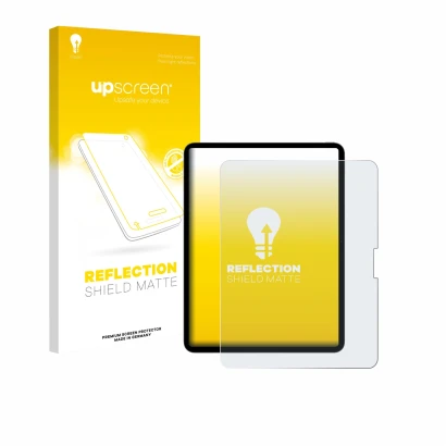 Face avant d’un emballage produit avec le logo de la marque upscreen. À côté, l’appareil Apple iPad Pro 13" M5 2025 est représ