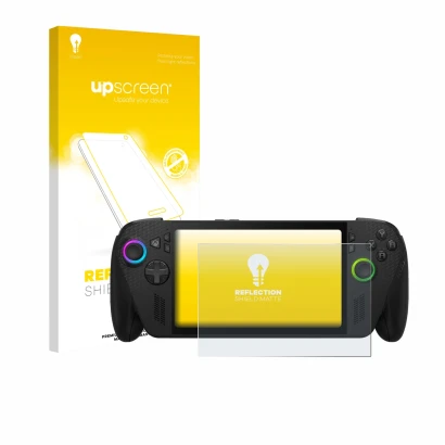 Face avant d’un emballage produit avec le logo de la marque upscreen. À côté, l’appareil ASUS ROG Xbox Ally X est représenté a