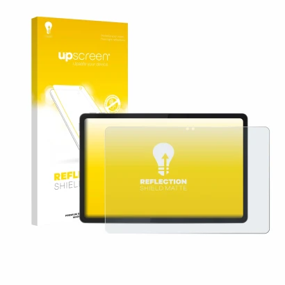 Face avant d’un emballage produit avec le logo de la marque upscreen. À côté, l’appareil Lenovo Idea Tab 11