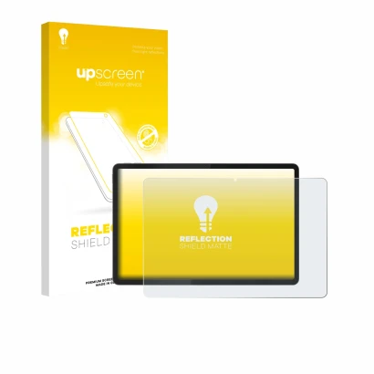 Face avant d’un emballage produit avec le logo de la marque upscreen. À côté, l’appareil Lenovo Idea Tab Plus 12.1