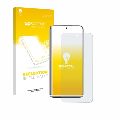 Face avant d’un emballage produit avec le logo de la marque upscreen. À côté, l’appareil Oppo Reno 14 est représenté avec la p