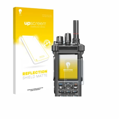 Face avant d’un emballage produit avec le logo de la marque upscreen. À côté, l’appareil Radtel RT-950 Pro est représenté avec