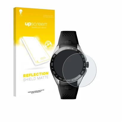 Face avant d’un emballage produit avec le logo de la marque upscreen. À côté, l’appareil TAG Heuer Connected Calibre E5 (45 mm