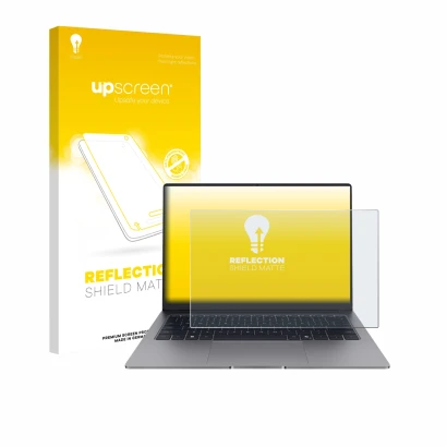 Face avant d’un emballage produit avec le logo de la marque upscreen. À côté, l’appareil Honor MagicBook X14 Plus 2025 est rep