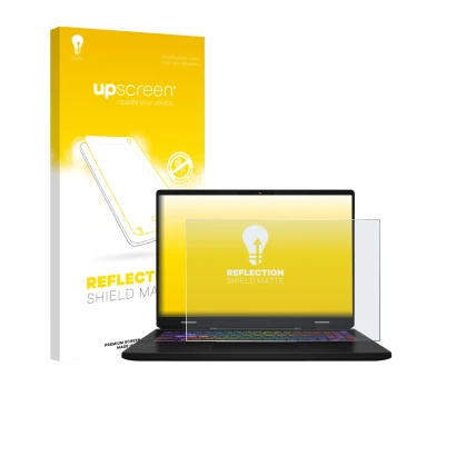 Face avant d’un emballage produit avec le logo de la marque upscreen. À côté, l’appareil MSI Vector 16 HX AI est représenté av