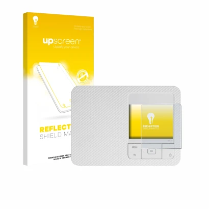 Face avant d’un emballage produit avec le logo de la marque upscreen. À côté, l’appareil Canon Selphy CP1500 Mini est représen