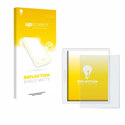 Face avant d’un emballage produit avec le logo de la marque upscreen. À côté, l’appareil Bigme B751C-S est représenté avec la 