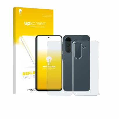 Face avant d’un emballage produit avec le logo de la marque upscreen. À côté, l’appareil Samsung Galaxy A37 5G (Avant+Arrière)